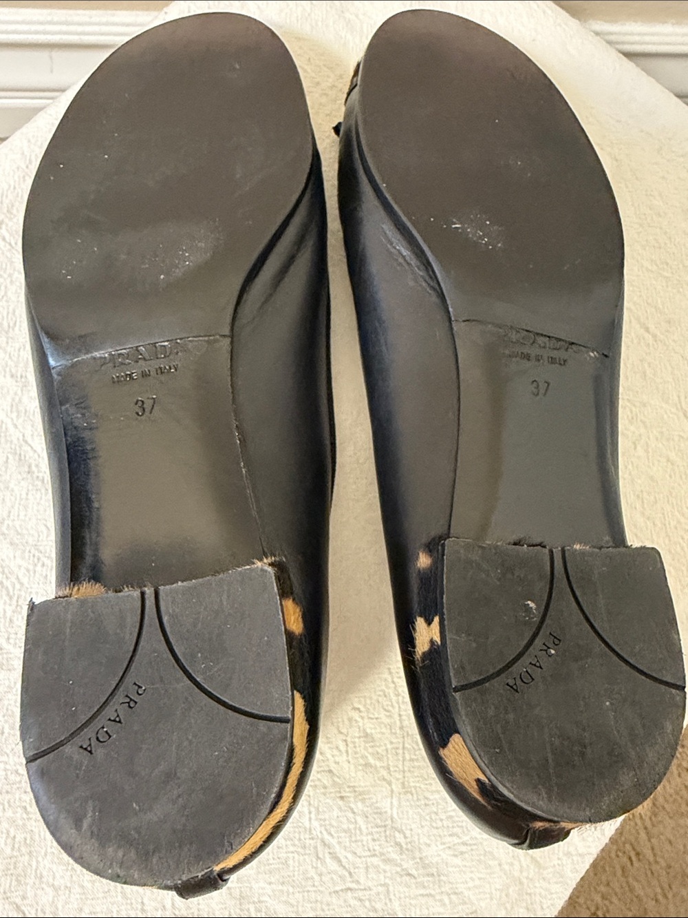 Prada Cavallino Leopard Trim Round Cap Toe Ballerina Flat Sz 37 US 6.5 - Picture 9 of 12